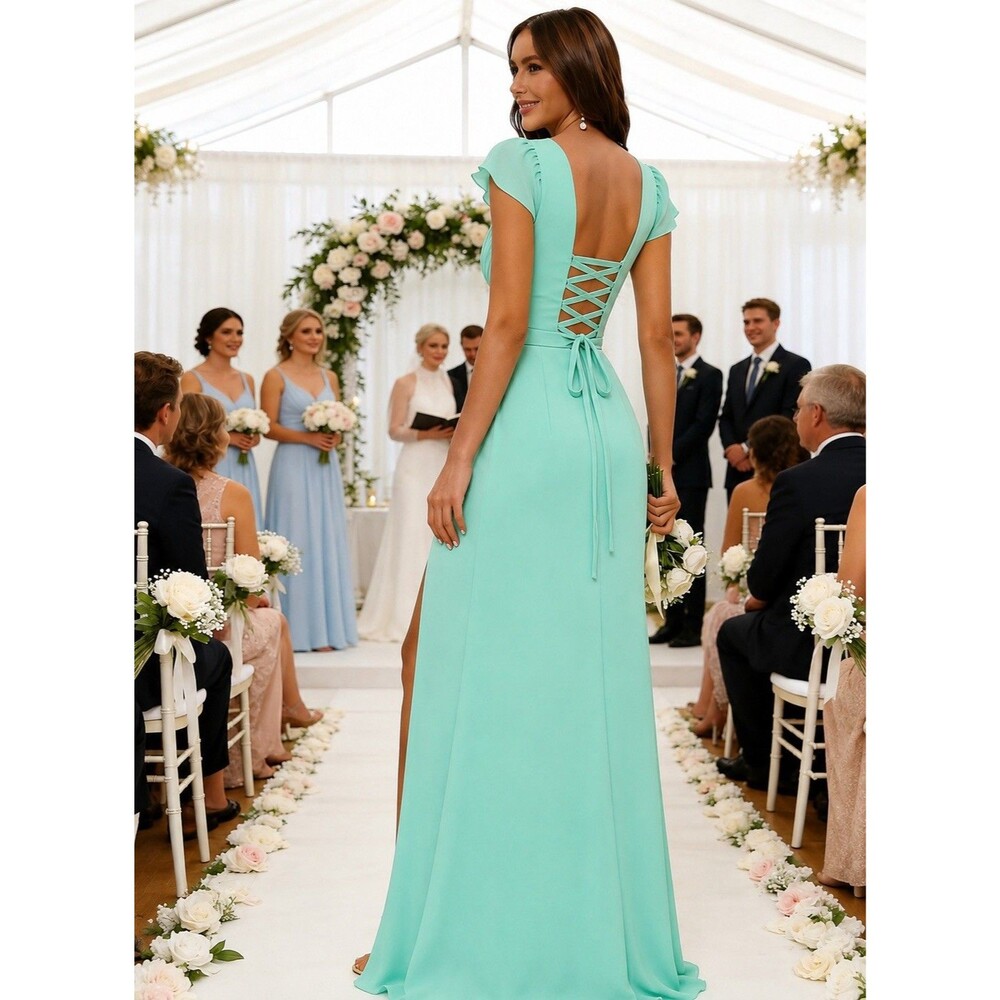 Flutter Sleeve Chiffon Long Formal Dress With Slit size 16W Pockets Turquoise - Picture 2 of 2